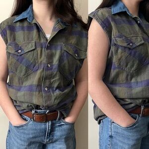90s Vintage Ever Blue 100% Cotton Soft Casual‎ Sleeveless Flannel Button Up